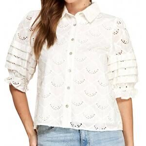 NEW STRUT & BOLT pintuck eyelet puff sleeve shirt top in white